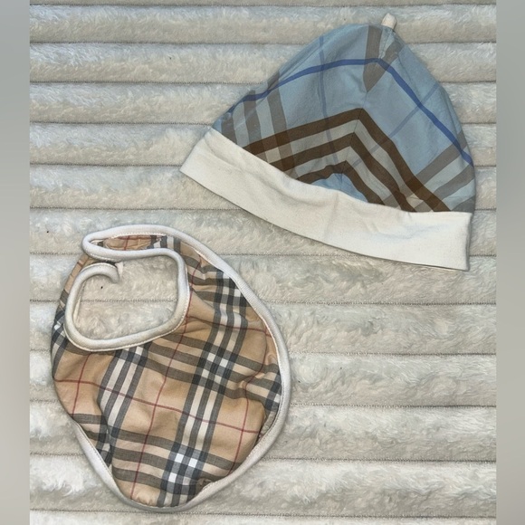 Vintage BURBERRY Baby Boy Hat & Nova Check Printed Bib- Blue/Tan Gingham Check - Picture 1 of 10